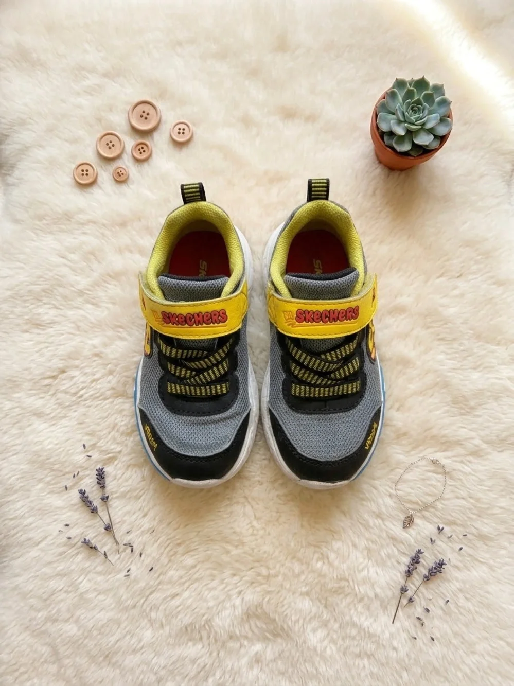 Skechers Kids Gray and Yellow Hook-and-Loop Sneaker
